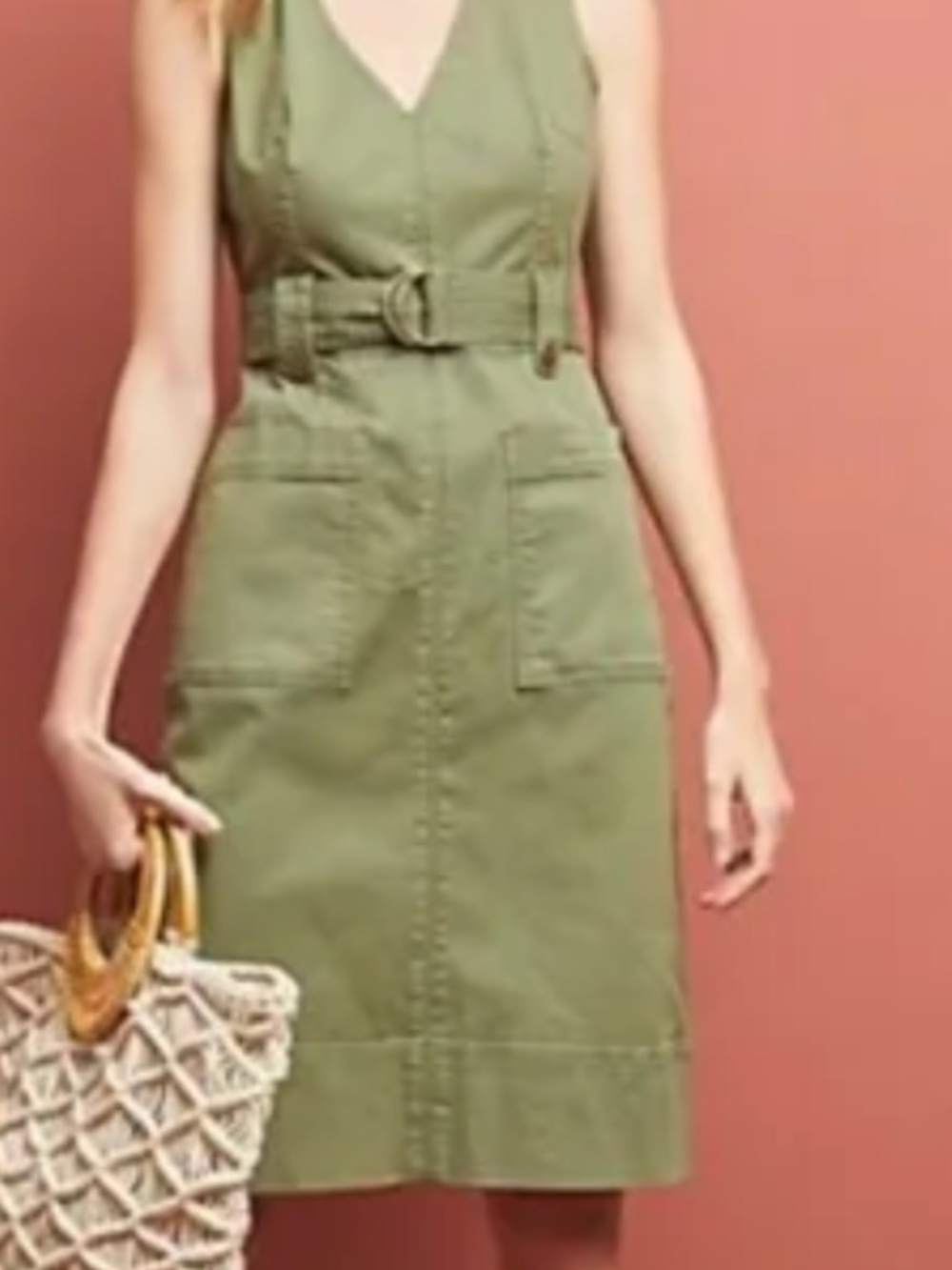 Anthropologie Olive Green Sleeveless Utility Midi Dress, No belt